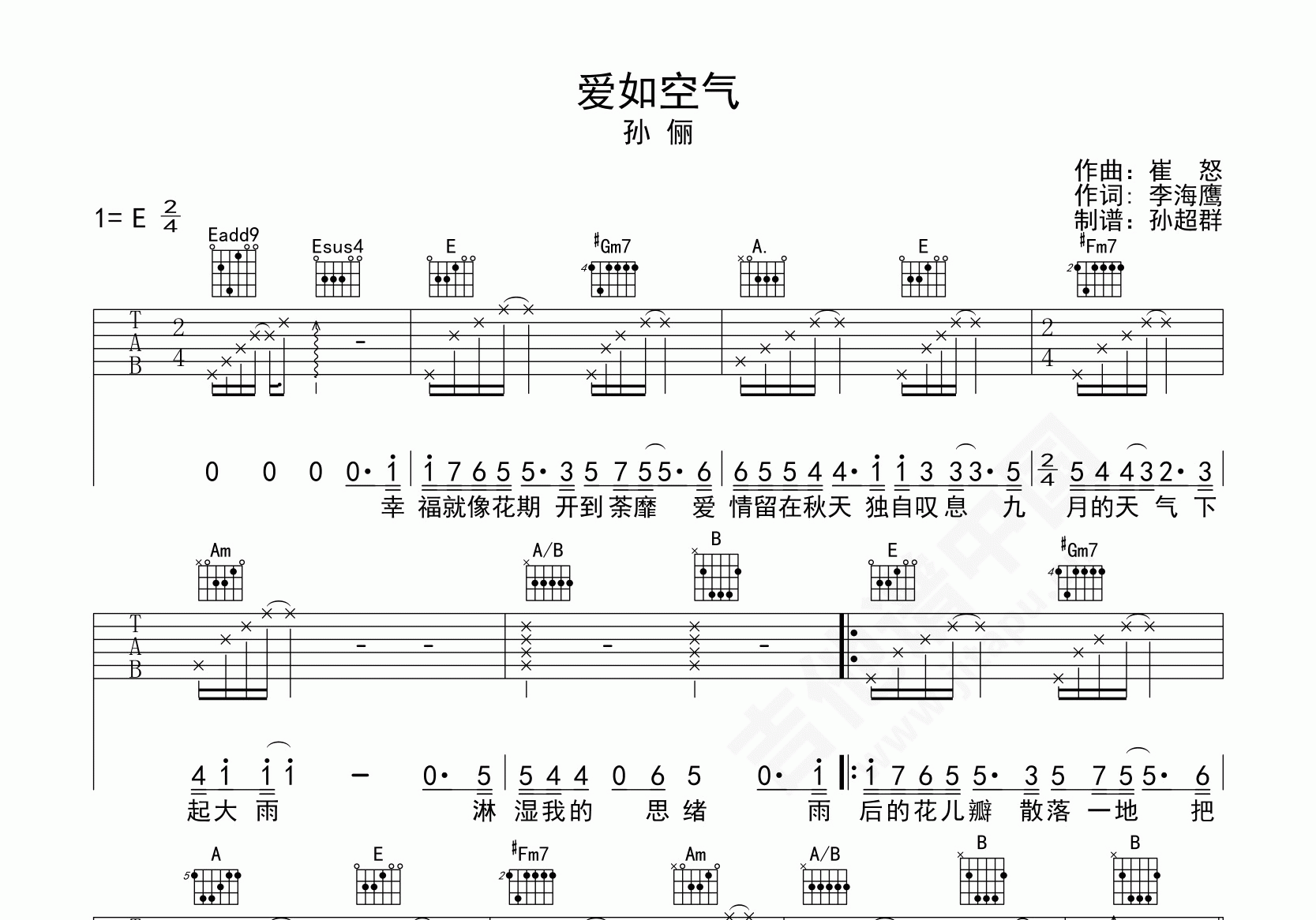 e大调乐器:民谣吉他曲谱页数:2页编曲风格:流行曲作者:崔怒难度级别